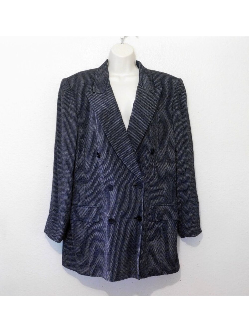 Vintage Double-Breasted Blazer Womens XL 16-18 Black Pinstripe Lined Rayon Wool